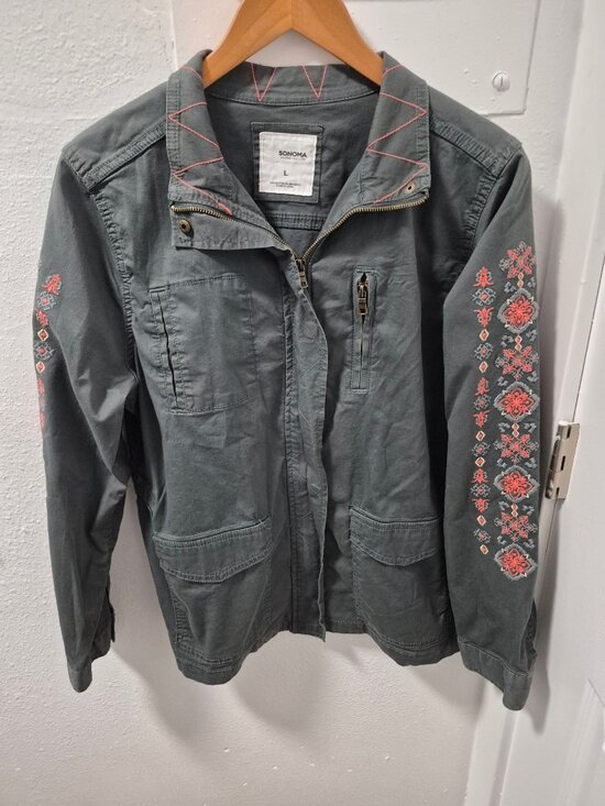 Sonoma Jackets & Blazers - Sonoma Womens Embroidered Jacket L GrayGreen Lightweight Cotton Blend Zip Pocket